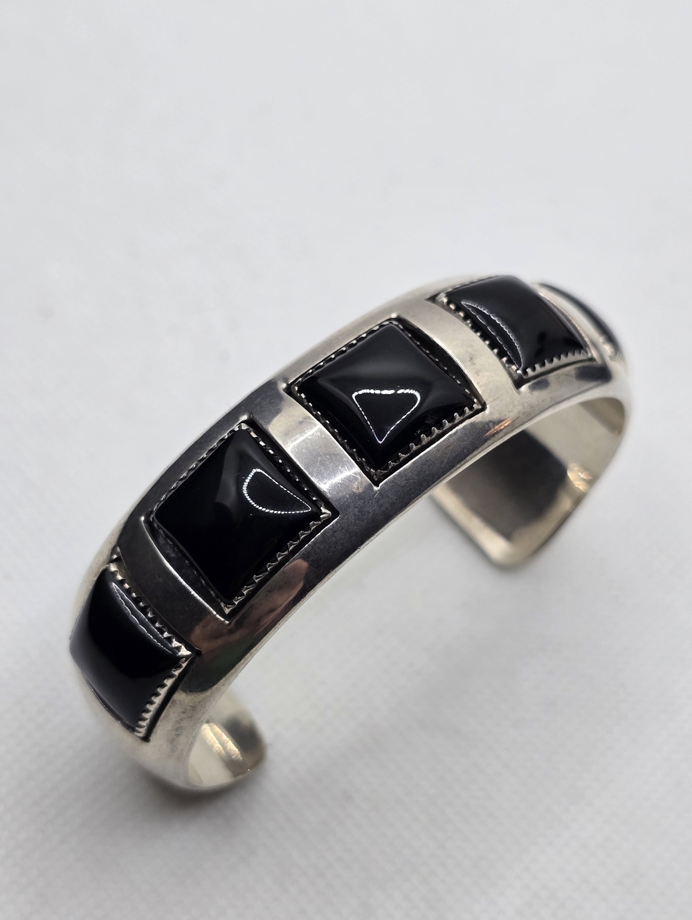 Southwest Sterling Black Onyx Cuff Bracelet Signed Bold Heavy